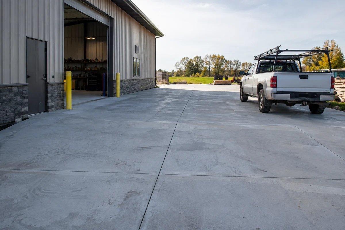 Commercial, Heavy-Duty & Specialty concrete driveways Broad commercial concrete access driveway beside a workshop with an unbranded work truck.