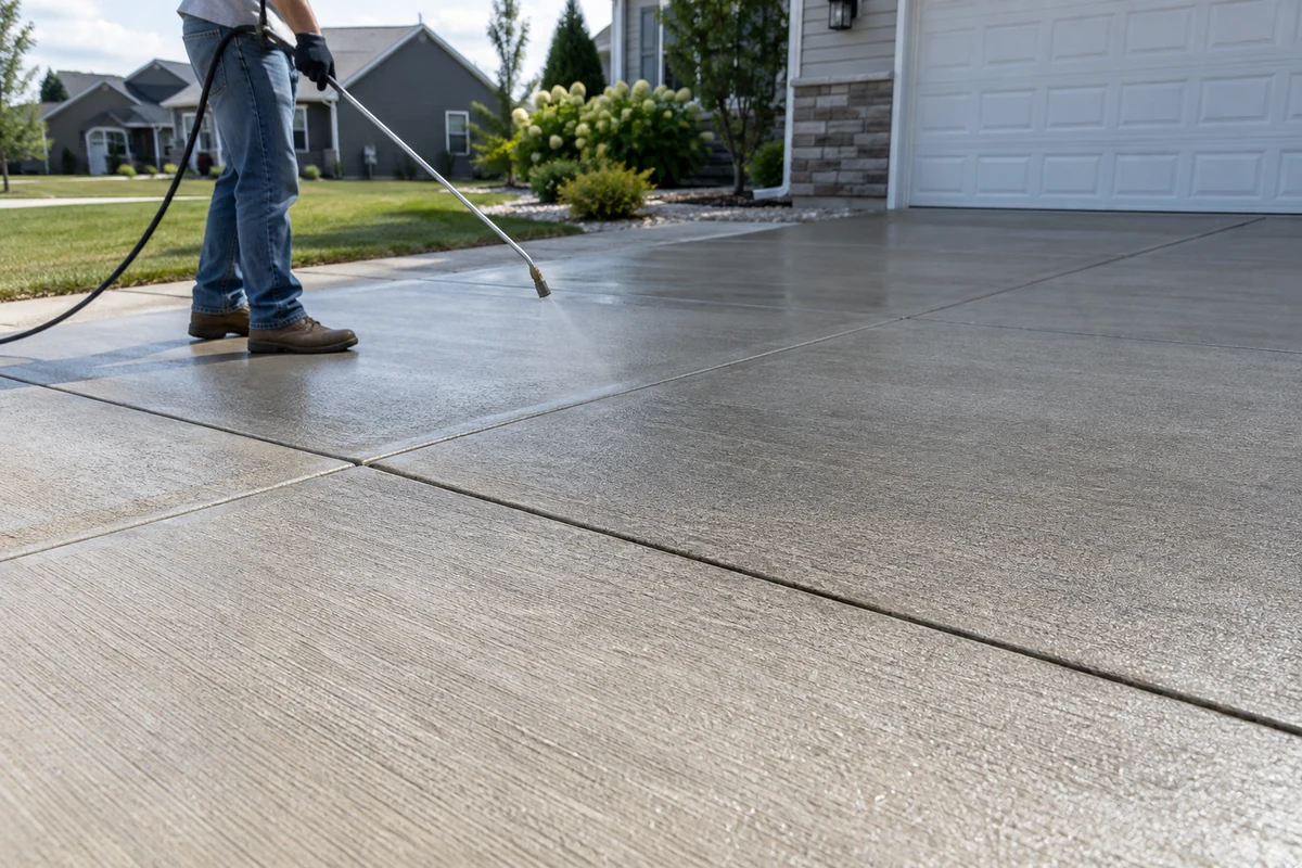 Finishes & Protection concrete driveways Worker spray-applying a clear protective treatment to a broom-finished concrete driveway.