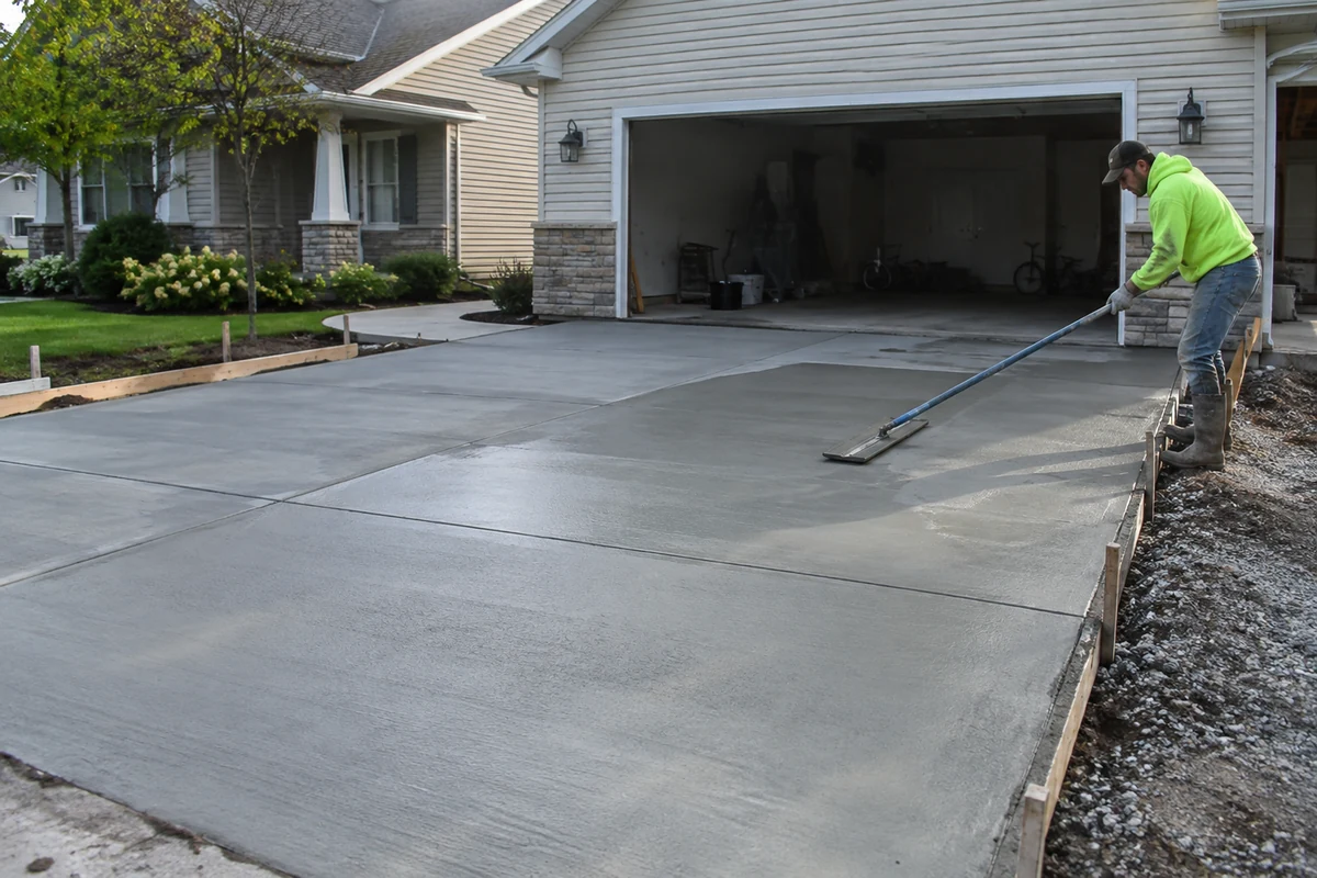 Installation & Reconstruction concrete driveways Formed driveway with compacted gravel base and a fresh concrete section being finished.