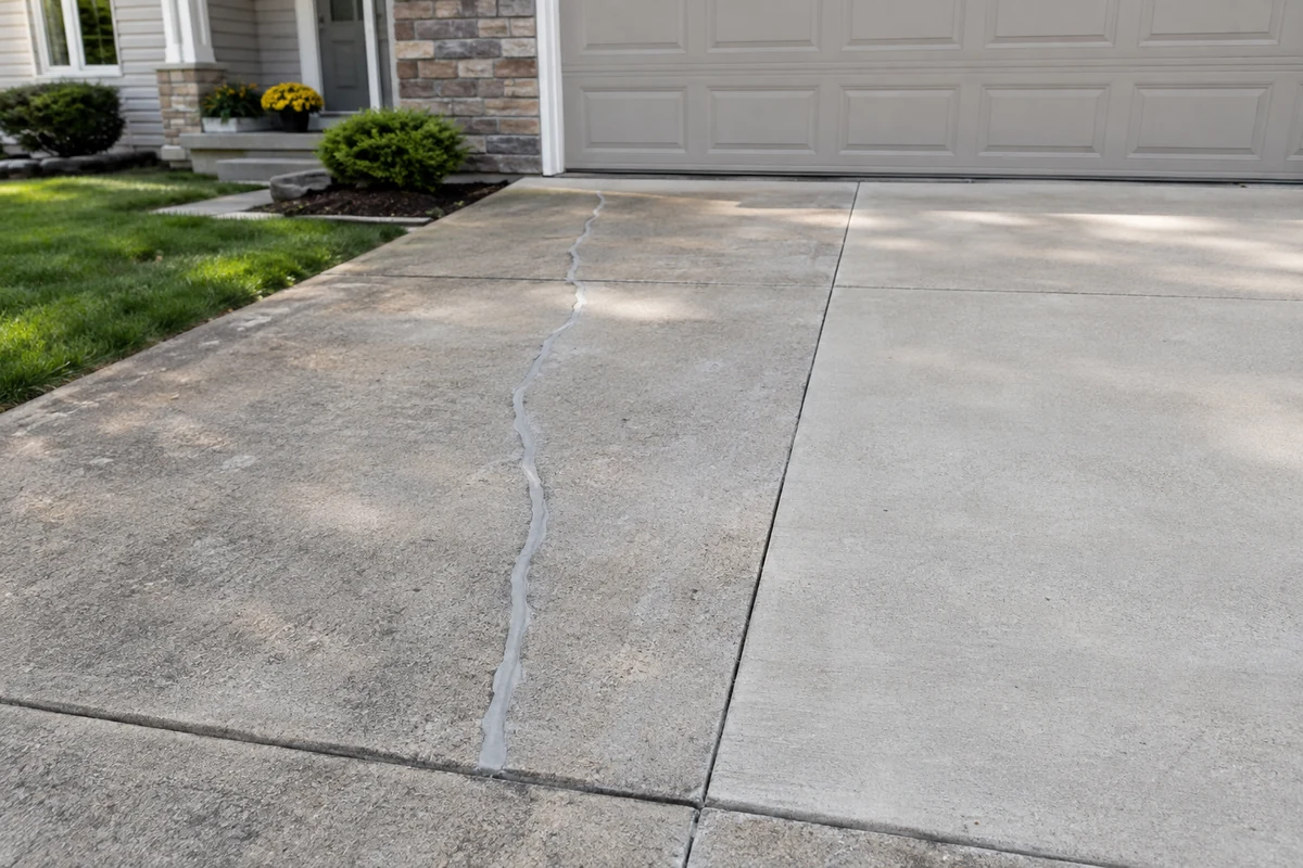 Repair & Restoration concrete driveways Driveway repair detail showing a restored panel and neatly sealed crack in older concrete.