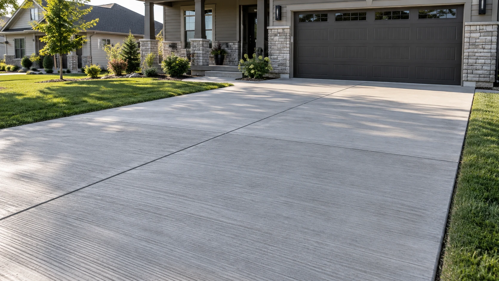 Broom-Finish Concrete Driveways in Cedar Rapids Finished concrete driveway with clearly visible fine parallel broom texture and straight control joints.