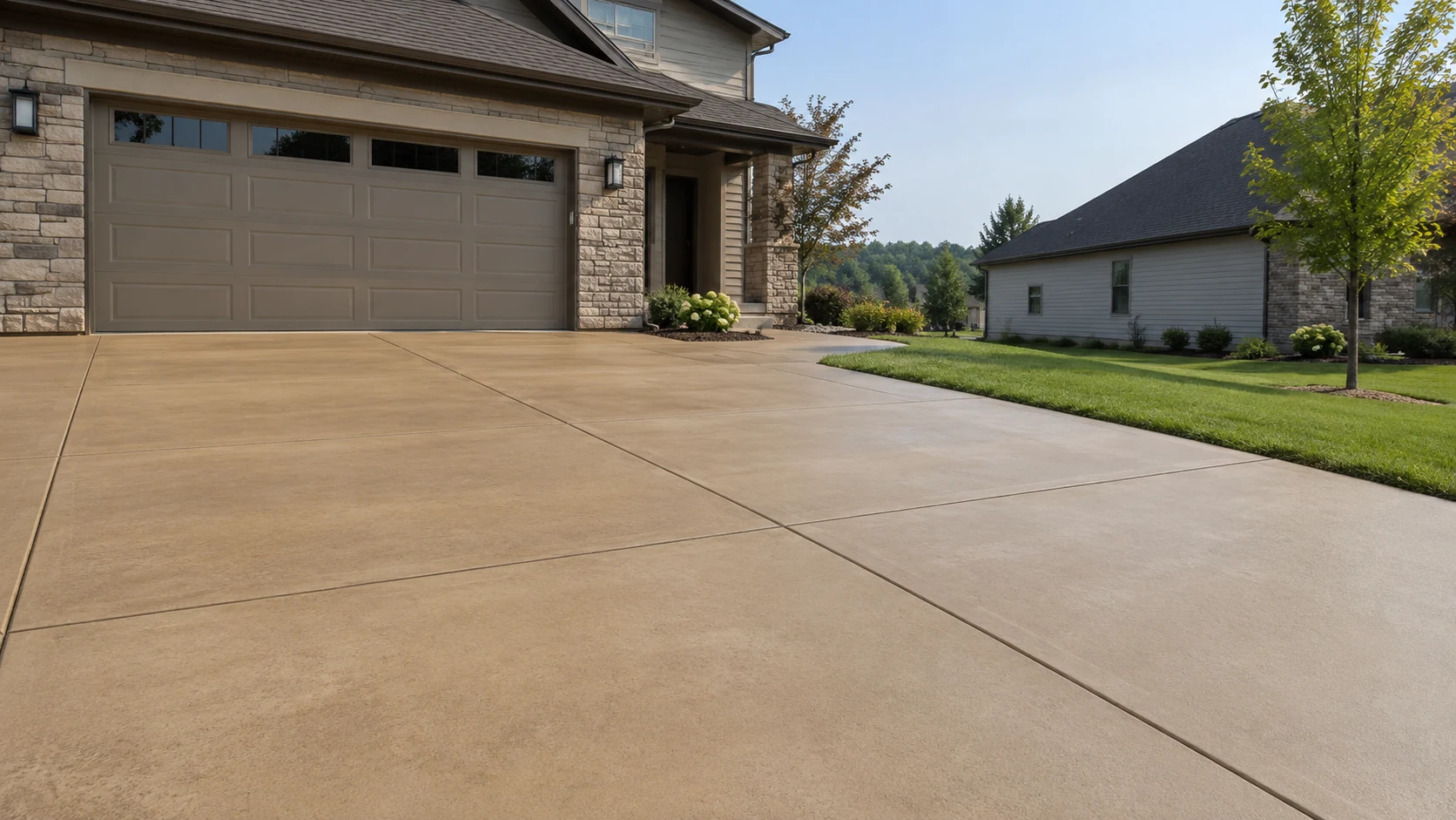Colored Concrete Driveways in Cedar Rapids Warm muted integral tan concrete driveway with consistent color and precisely laid control joints.