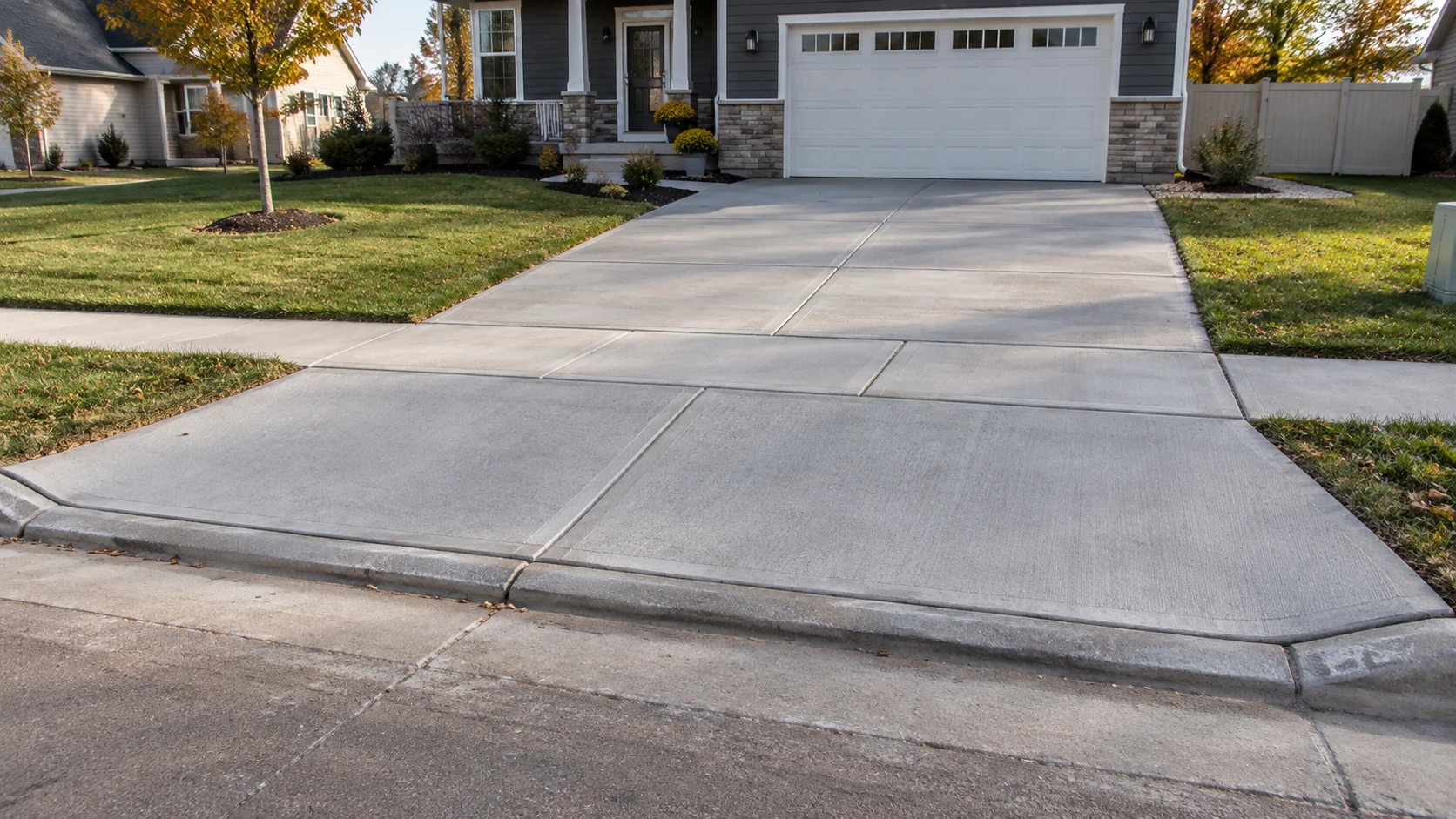 Concrete Driveway Aprons & Approaches in Cedar Rapids Finished flared concrete driveway apron connecting a residential driveway across a sidewalk to a street curb.