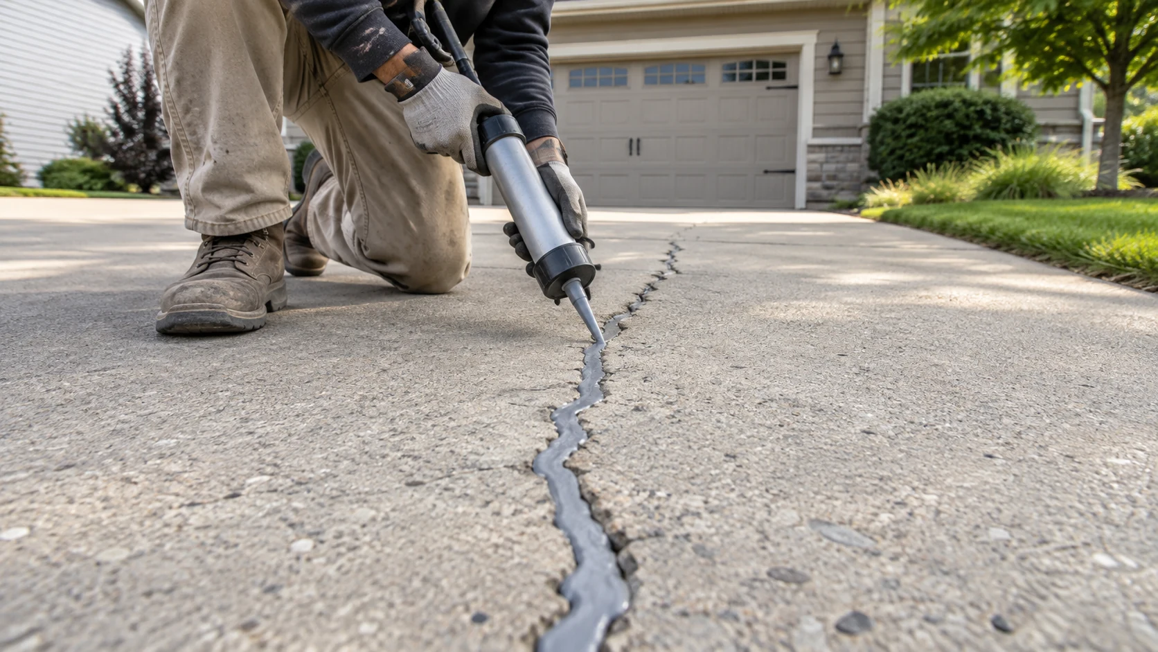 Concrete Driveway Crack Repair in Cedar Rapids Gloved worker filling an irregular driveway crack with gray repair sealant.