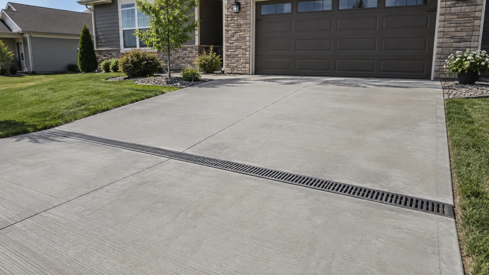 Concrete Driveway Drainage Correction in Cedar Rapids Flush trench drain crossing a gently sloped concrete driveway before the garage with graded lawn edges.