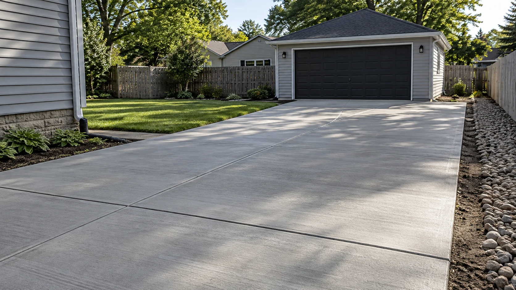 Concrete Driveway Extensions in Cedar Rapids New concrete parking extension continuing beyond the end of an existing driveway toward a detached garage.