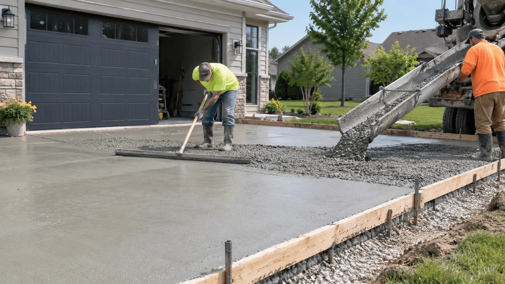 Concrete Driveway Installation in Cedar Rapids Fresh concrete being placed inside straight timber driveway forms over a compacted stone base beside an Iowa garage.