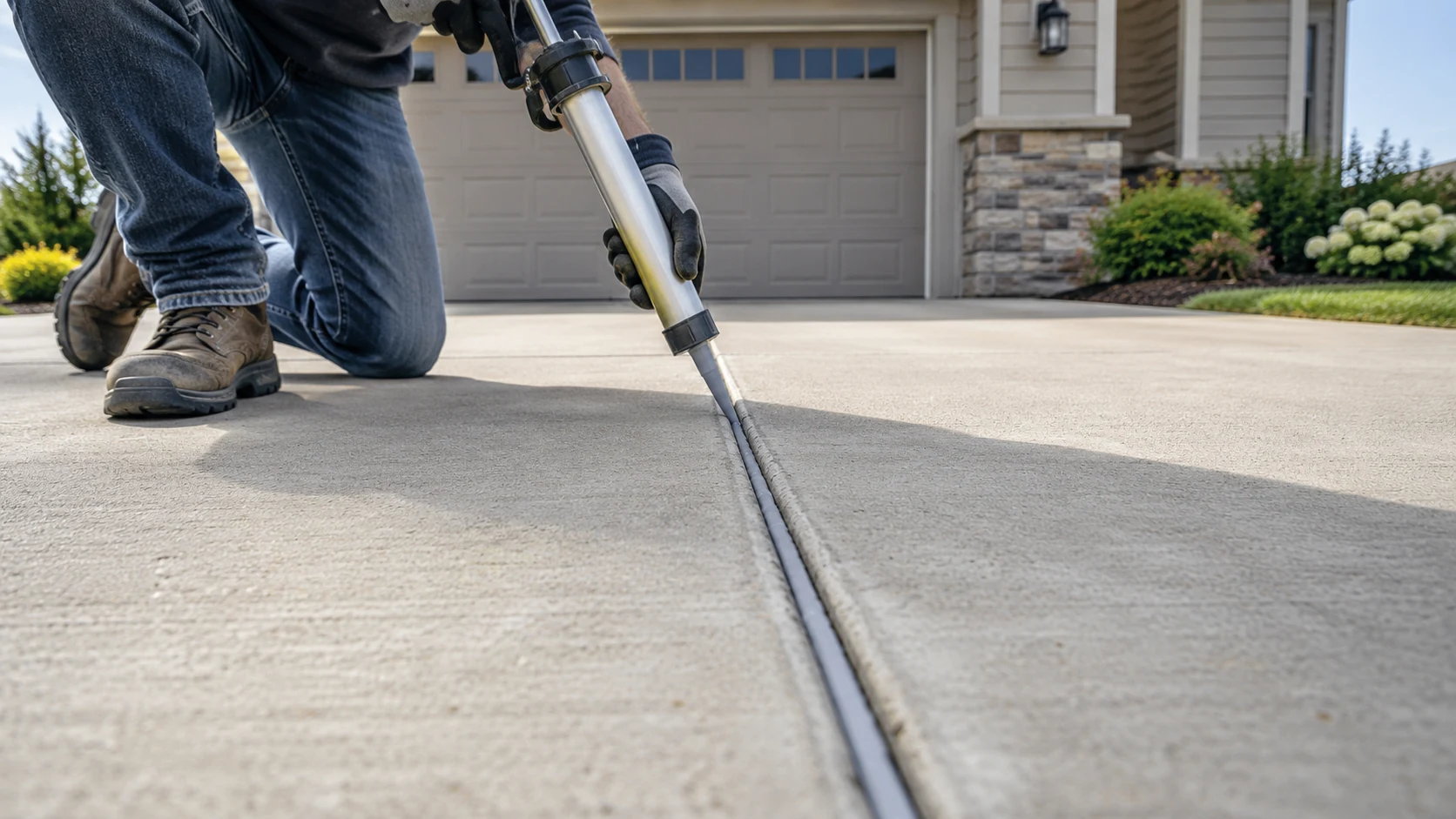 Concrete Driveway Joint Repair & Sealing in Cedar Rapids Gloved worker applying recessed gray sealant along a straight concrete driveway joint.