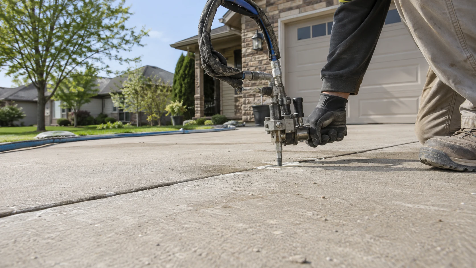 Concrete Driveway Leveling in Cedar Rapids Worker injecting material through a small port to level a concrete driveway slab.