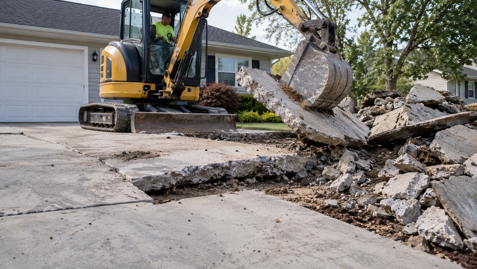 Concrete Driveway Removal & Demolition in Cedar Rapids Compact excavator lifting broken driveway concrete into a rubble pile with straight saw-cut boundaries.
