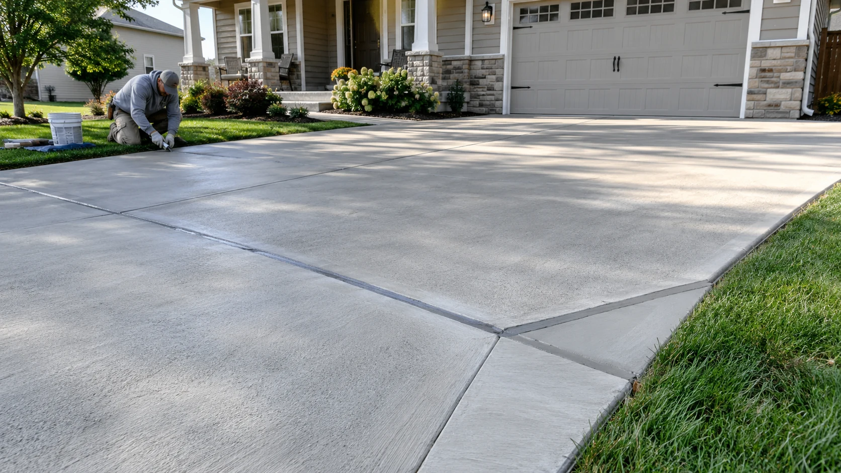 Concrete Driveway Repair in Cedar Rapids Residential driveway with a neatly repaired damaged corner and sealed cracks surrounded by sound original concrete.