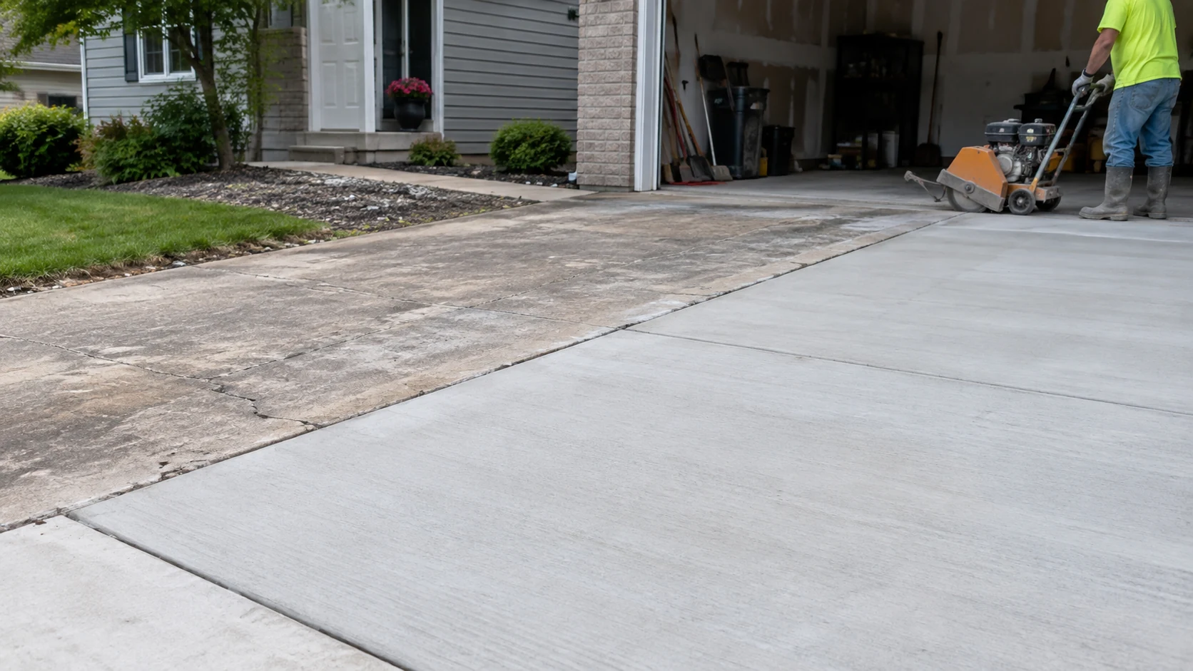 Concrete Driveway Replacement in Cedar Rapids New pale concrete driveway panels meeting a remaining weathered section during a residential driveway replacement.