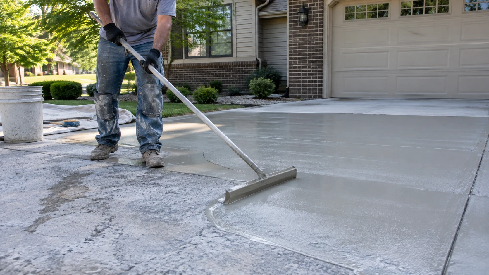 Concrete Driveway Resurfacing in Cedar Rapids Worker using a long-handled squeegee to spread a thin cementitious resurfacing overlay across a worn driveway.