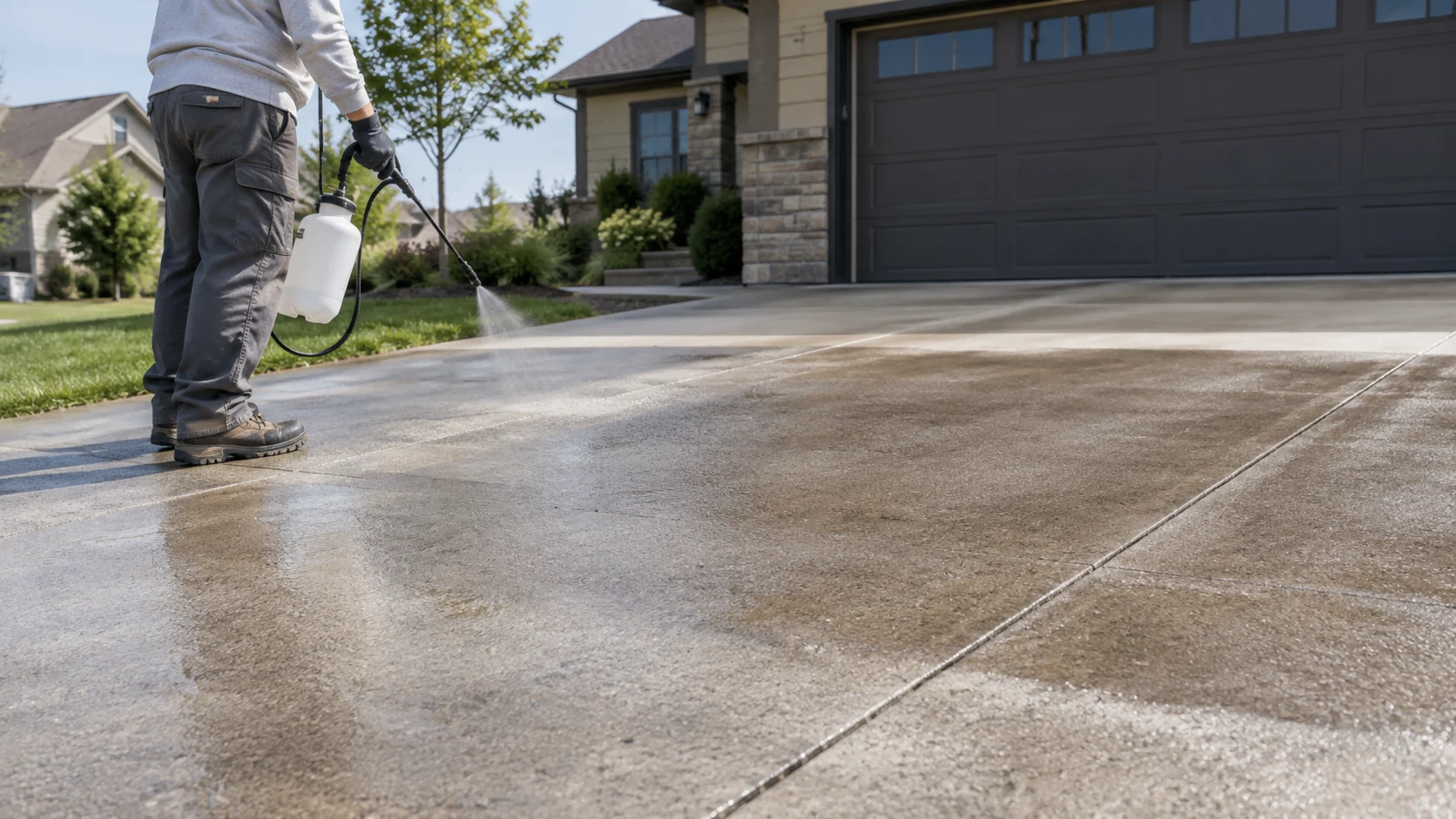 Concrete Driveway Sealing in Cedar Rapids Worker applying clear penetrating sealer with an unbranded pump sprayer to a concrete driveway with subtle damp contrast.