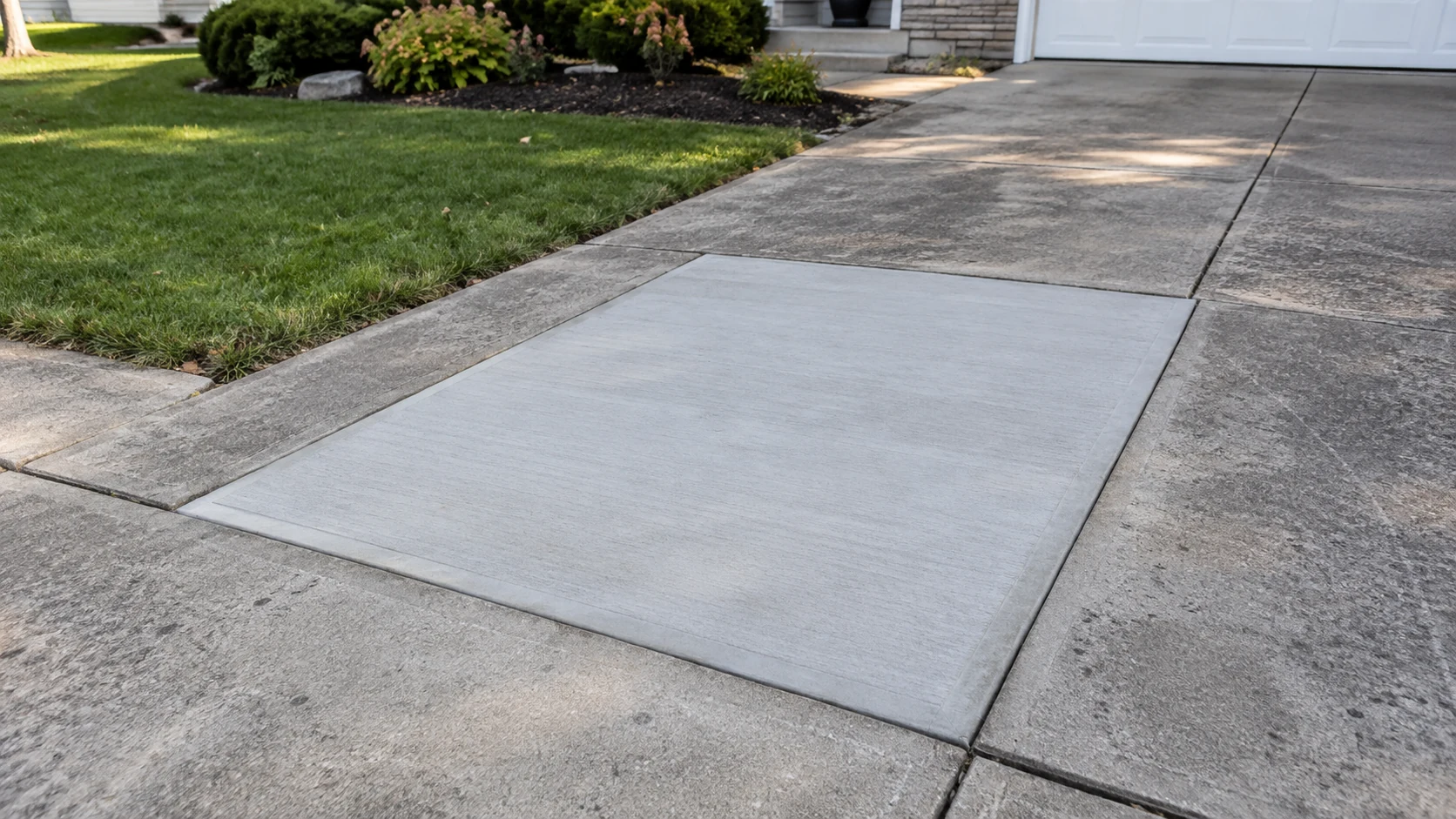 Concrete Driveway Slab Repair & Panel Replacement in Cedar Rapids One freshly replaced rectangular concrete panel surrounded by weathered but intact driveway slabs.