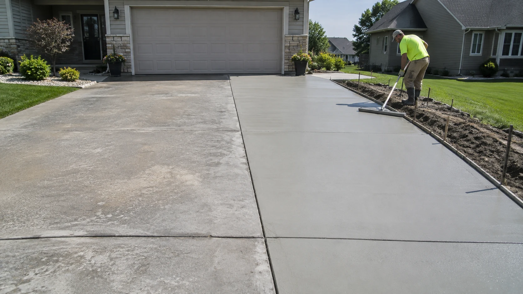 Concrete Driveway Widening in Cedar Rapids Fresh lateral concrete strip widening an older two-car driveway with a clear longitudinal joint.