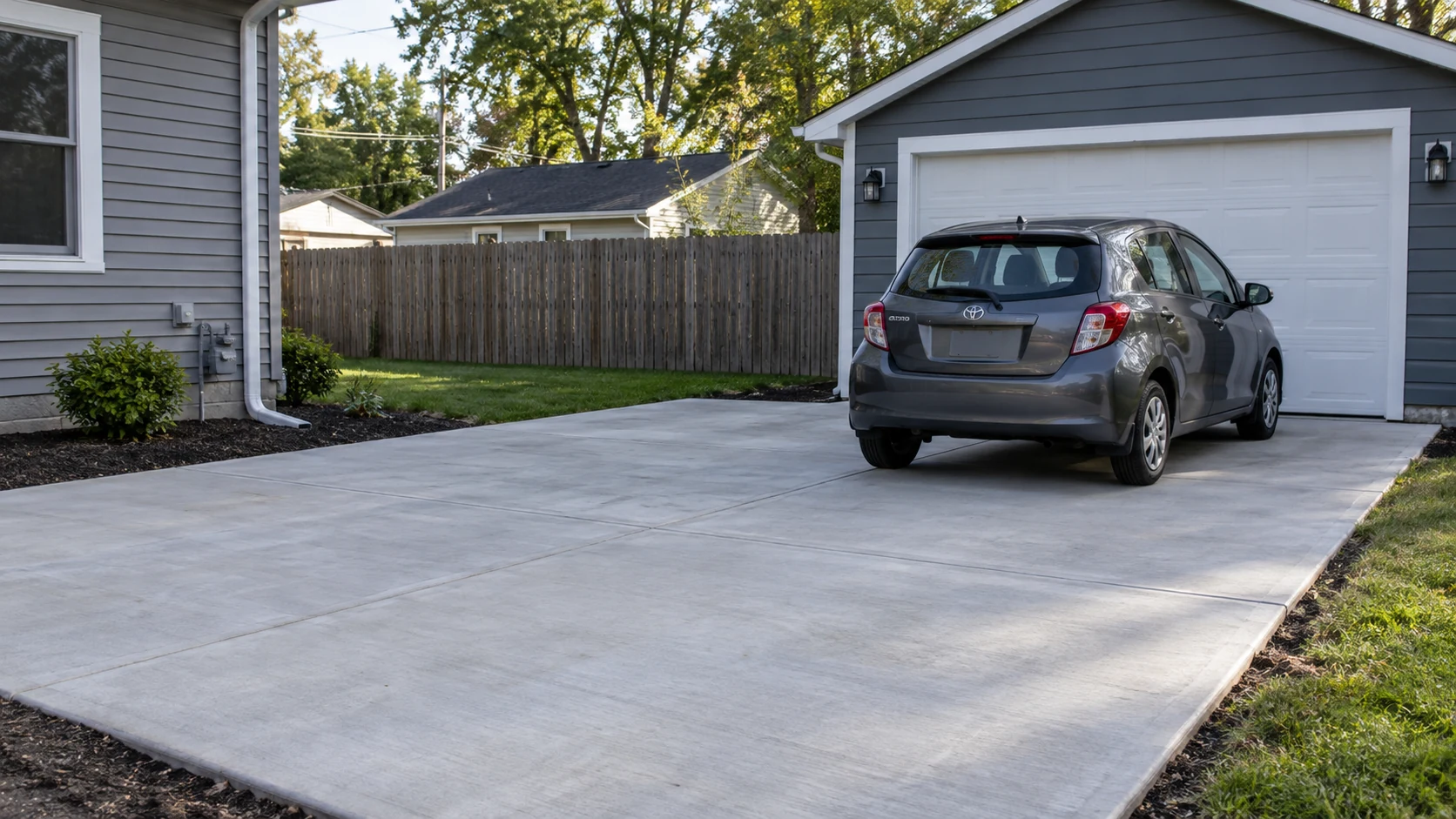 Concrete Parking Pad Installation in Cedar Rapids Clean rectangular concrete parking pad beside a detached residential garage with a compact car.