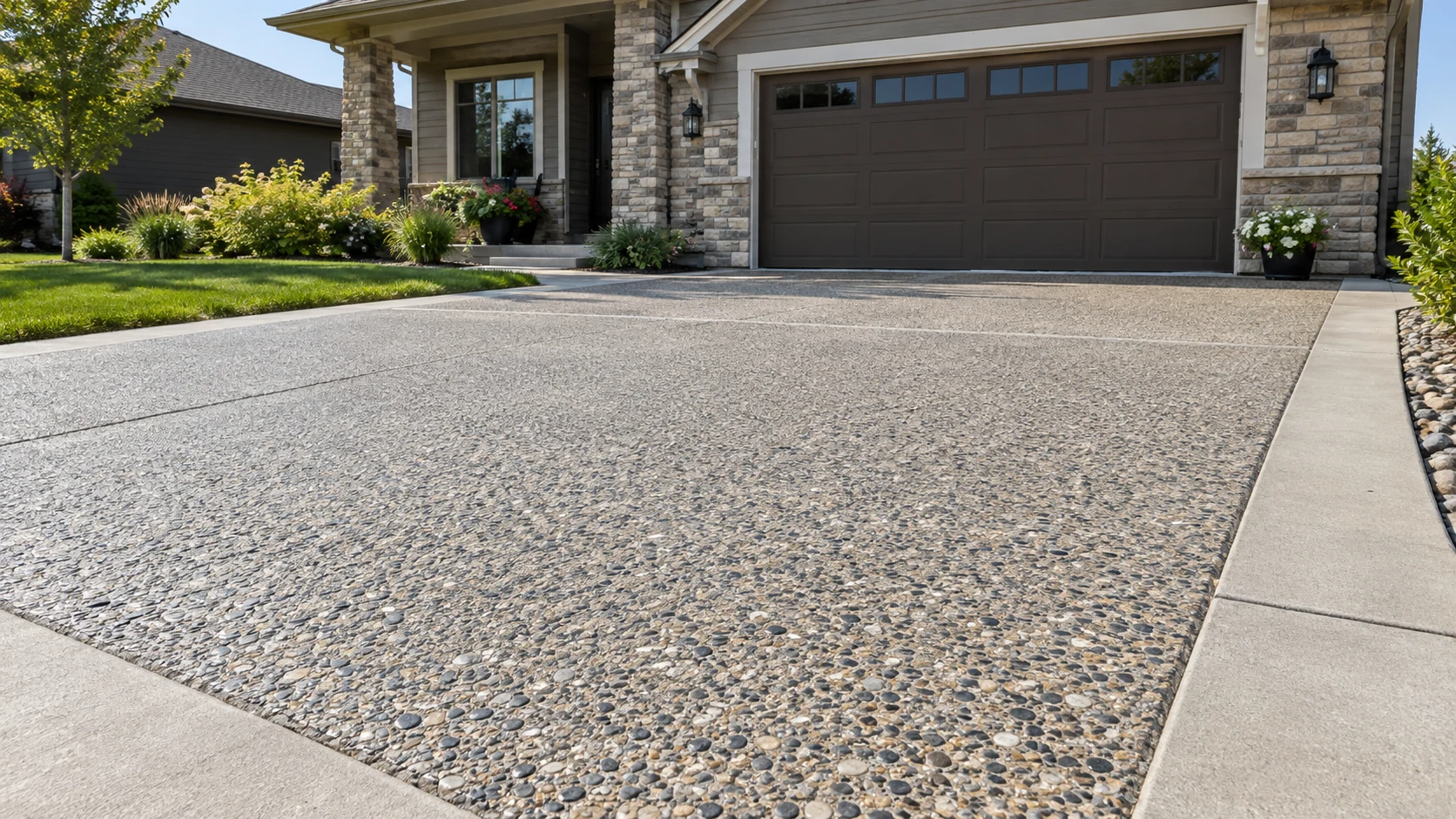 Exposed Aggregate Concrete Driveways in Cedar Rapids Concrete driveway with visible small rounded exposed aggregate stones and smooth concrete border.