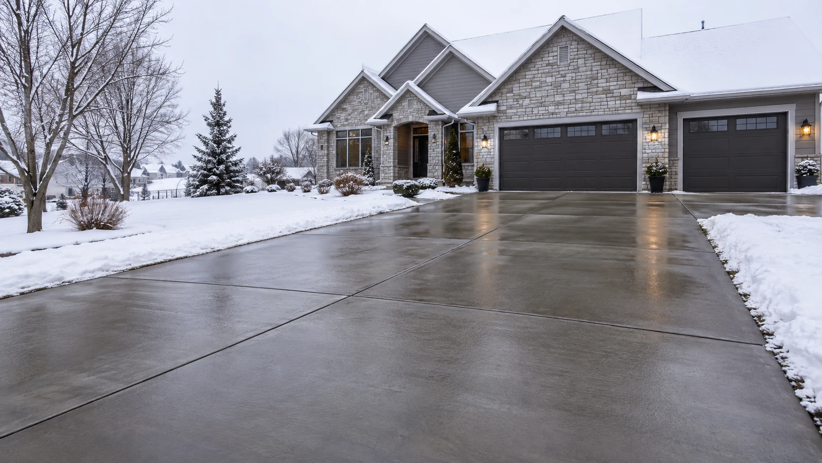 Heated Concrete Driveways in Cedar Rapids Upscale Iowa house in winter with a snow-free wet concrete driveway and snow-covered adjacent lawn and roof.