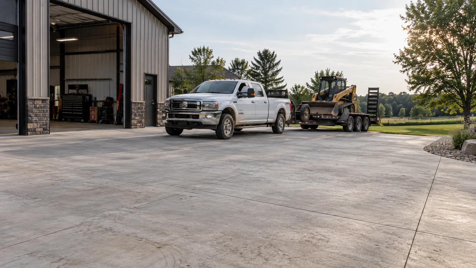 Heavy-Duty Concrete Driveways in Cedar Rapids Broad concrete work driveway supporting an unbranded utility truck and equipment trailer beside a workshop.