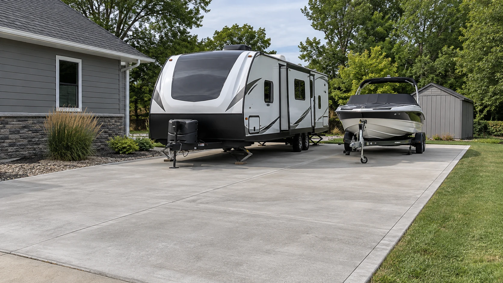 RV & Boat Concrete Parking Pads in Cedar Rapids Long reinforced-looking concrete parking pad beside a house supporting an unbranded travel trailer and boat trailer.