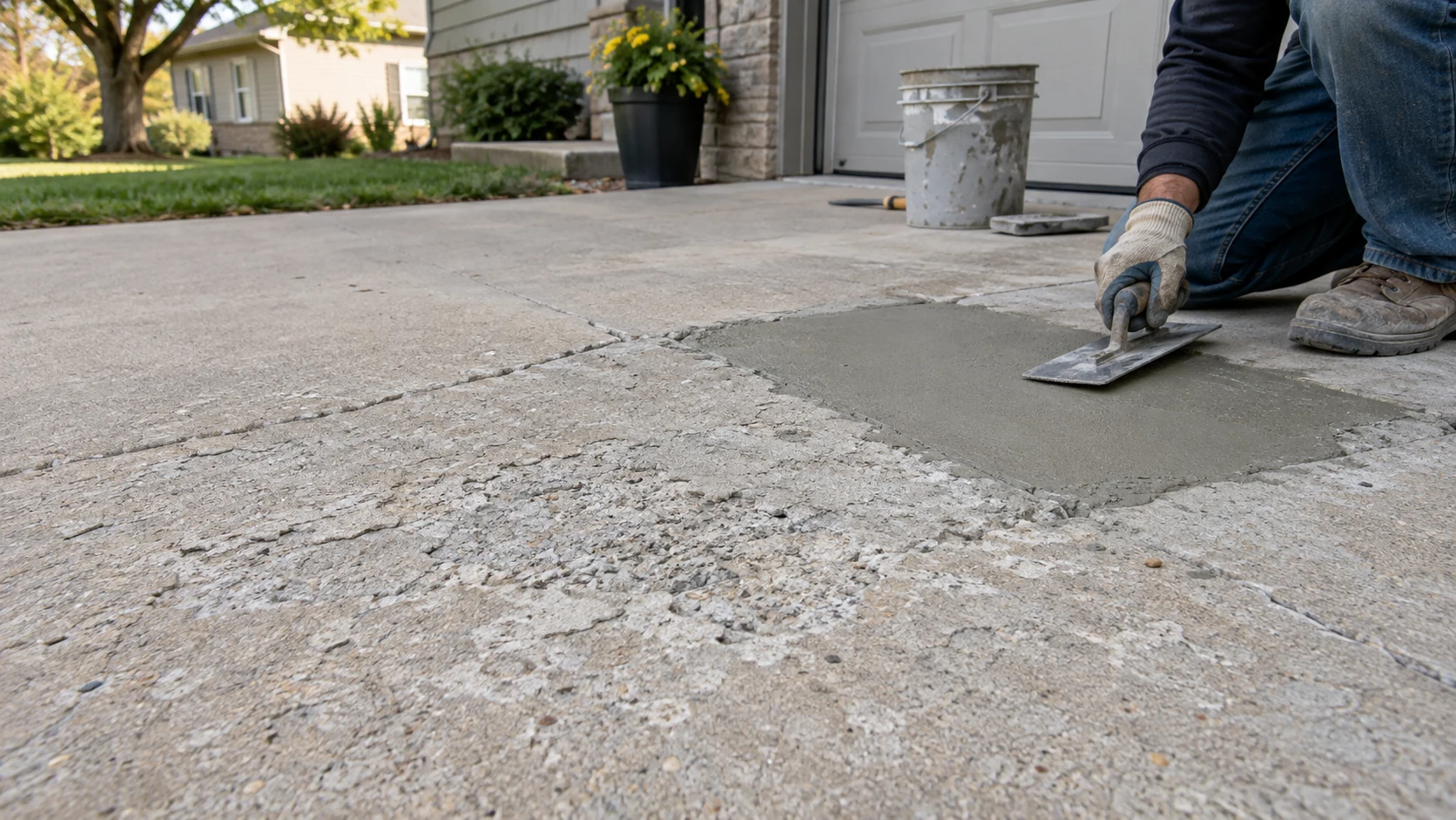 Spalling & Scaling Driveway Repair in Cedar Rapids Close view of shallow surface scaling on a driveway beside a freshly repaired cementitious surface patch.