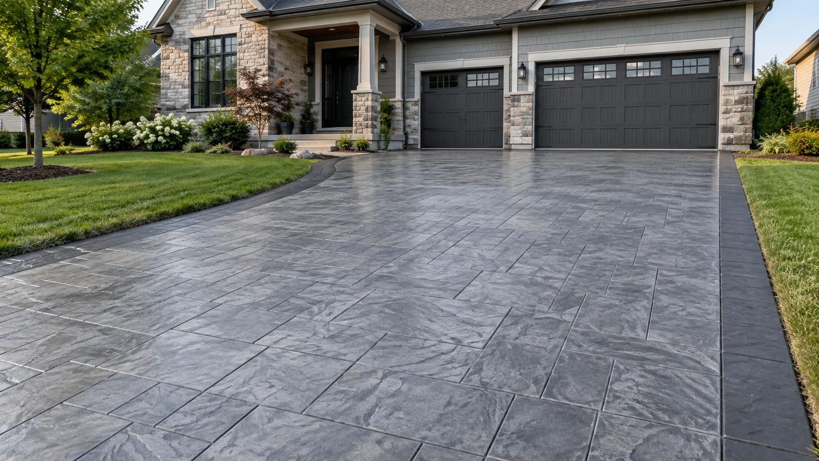 Stamped Concrete Driveways in Cedar Rapids Upscale residential driveway with realistic ashlar slate stamped concrete and restrained charcoal border.