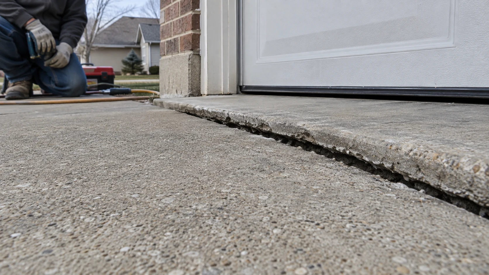 Sunken Concrete Driveway Repair in Cedar Rapids Settled concrete driveway panel below a garage threshold showing the visible vertical gap requiring repair.